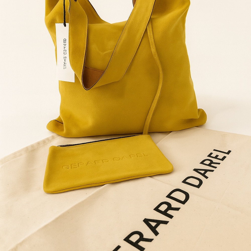 Gerard Darel Mustard Yellow Leather Shoulder Bag with Matching Pouch